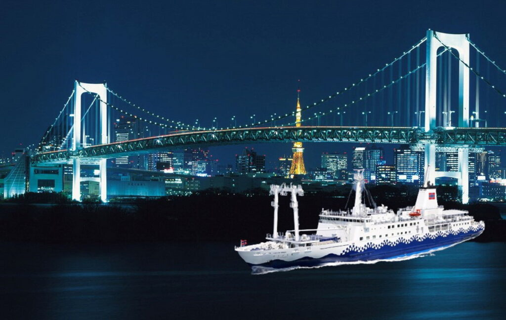 「東京灣納涼船」的航行路線為於下午7點15分出航，巡遊東京灣後， 下午9點返回碼頭，沿途飽覽東京無敵夜景。（示意圖　Ⓒ東海汽船）
